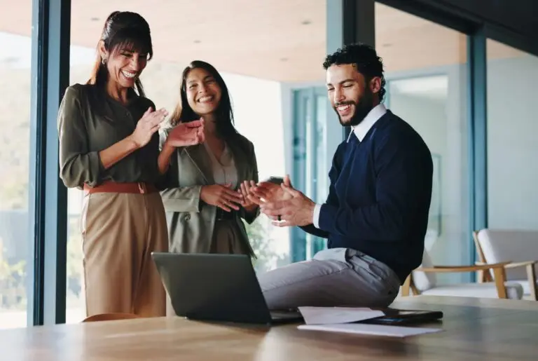 Business,,People,And,Applause,With,Laptop,In,Office,For,Good